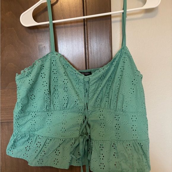 NWOT Wild Fable Eyelet Lace Peplum Lace Up Crop Tank Cami Tie Front Aqua Green - Picture 4 of 9